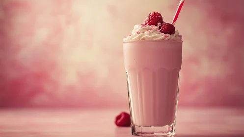 Raspberry Milkshake with Whipped Cream and Fresh Berries.