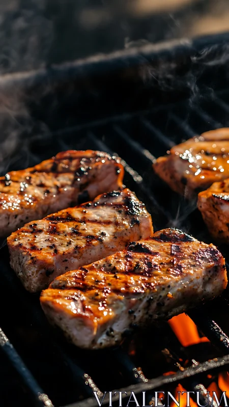 Grilled pork steaks on barbecue grate with rising smoke.