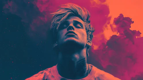 Neon portrait in duotone gradient with atmospheric cloud field.