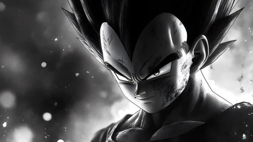 Battle-worn anime warrior rendered in high-contrast monochrome