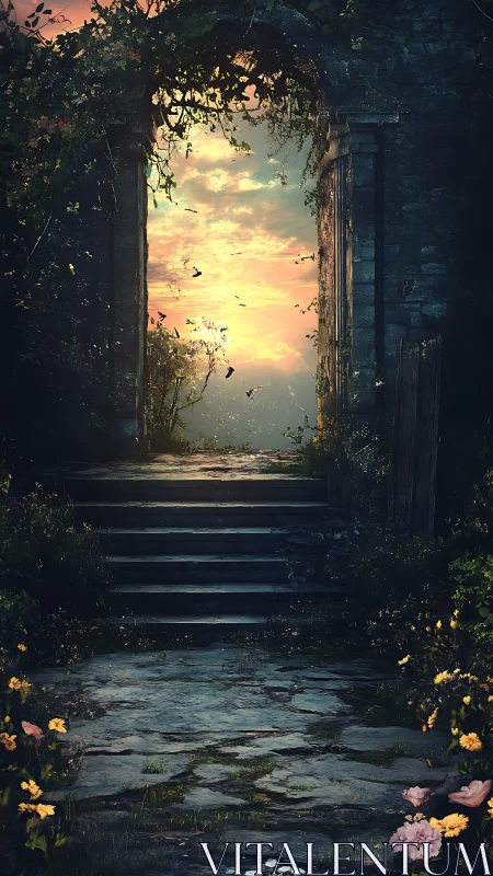 Ruined stone doorway frames distant sunset sky scene