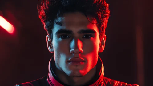 Portrait shows young man lit by contrasting red and blue light