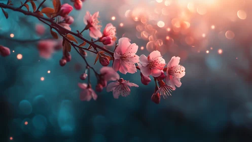 Cherry Blossoms with Bokeh Light Effects and Teal-Rose Color Gradient