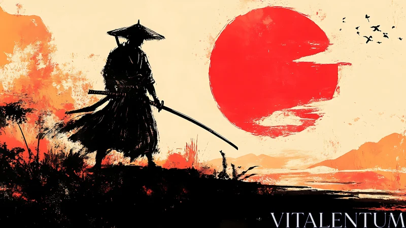 Solitary ronin carves silence beneath a wounded red sun