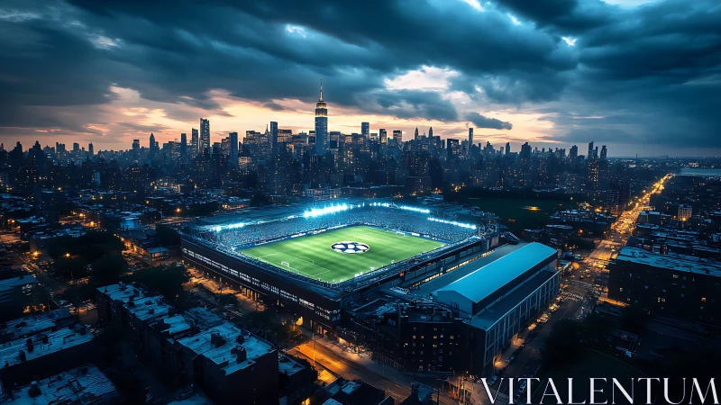 Illuminated urban football stadium contrasts with stormy skyline