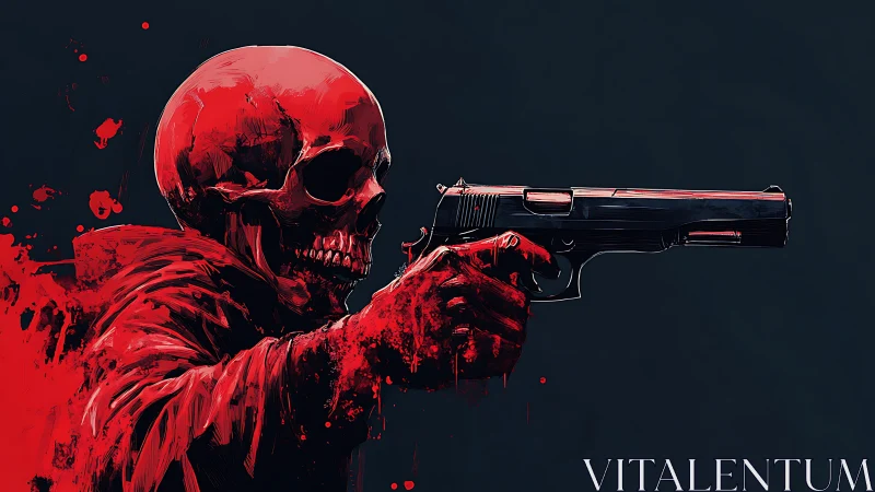 Red skeletal figure aiming handgun against dark backdrop.