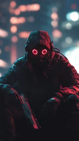 Neon-eyed urban soldier poised in red cyan bokeh haze.