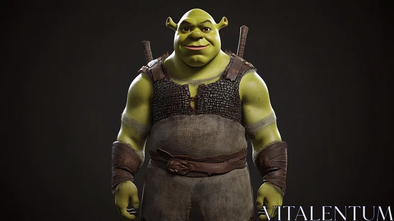 3D ogre warrior portrait in worn leather armor on dark background.