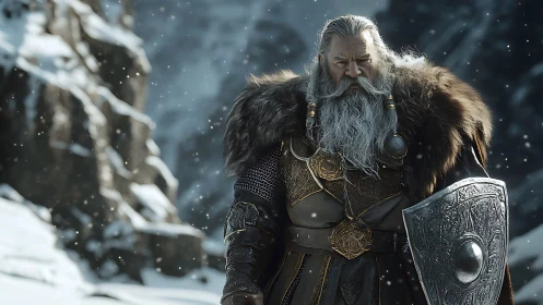 Photorealistic dwarven warlord in ornate winter armor design.
