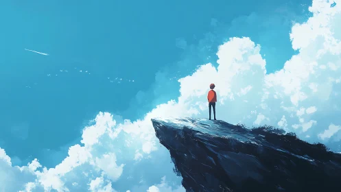 Lone traveler on cliff edge under vast summer sky.