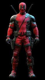 Red and black armored character stands in frontal pose