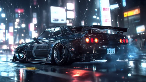 Modified black sports car in neon lit rainy city street.