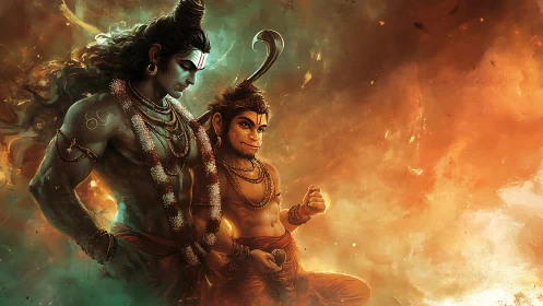 Mythic warrior and devotee stride through blazing celestial light