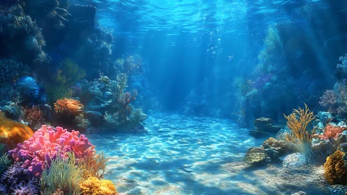 Sunlit shallow coral reef floor with varied marine growth.