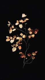 Autumn branch study with warm leaves on pure black.
