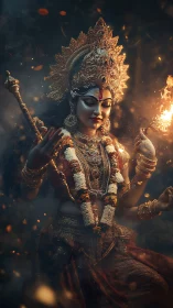 Digital depiction of ornate Hindu goddess figure at night.