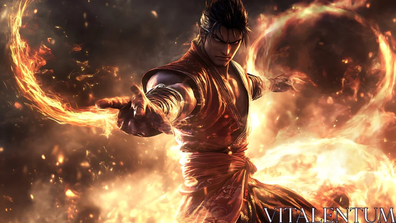 Martial artist generating controlled circular fire forms.