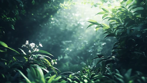 Forest undergrowth with white flowers and green foliage.
