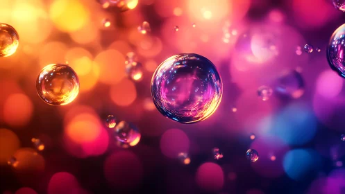 Colorful floating bubbles against soft abstract bokeh background.