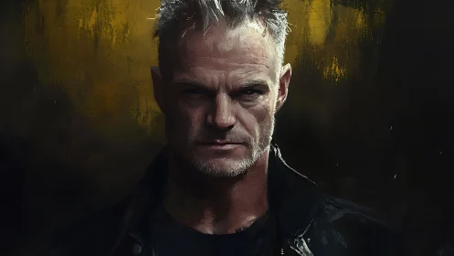 Cinematic digital portrait of stern grey‑haired man in chiaroscuro.