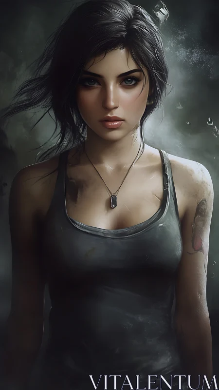 Young woman in dark vest with pendant in moody setting.