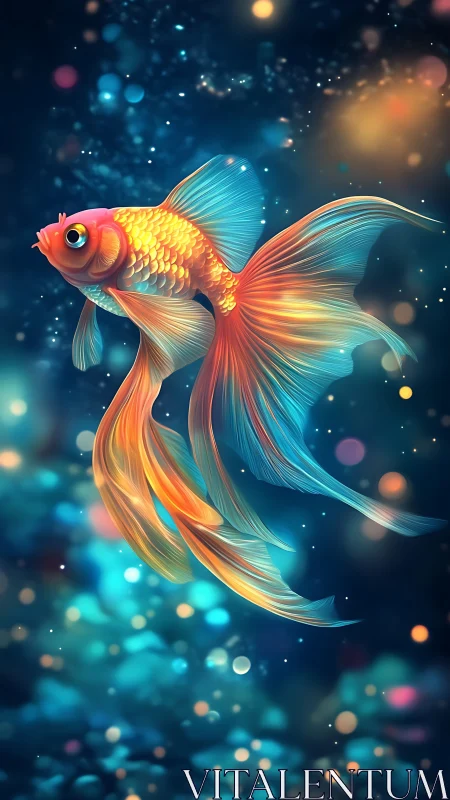 Vibrant goldfish with flowing fins in glowing blue water.