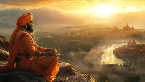 Sunlit sage resting above a peaceful golden river valley.