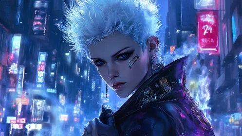 Neon-soaked rebel studies the city like a cracked hologram