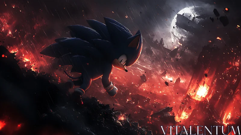 Sonic silhouette strides through a burning apocalyptic cityscape.