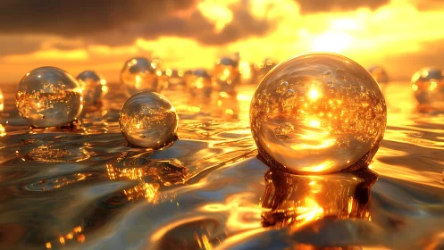 Golden glass orbs drifting across a glowing sunset sea.