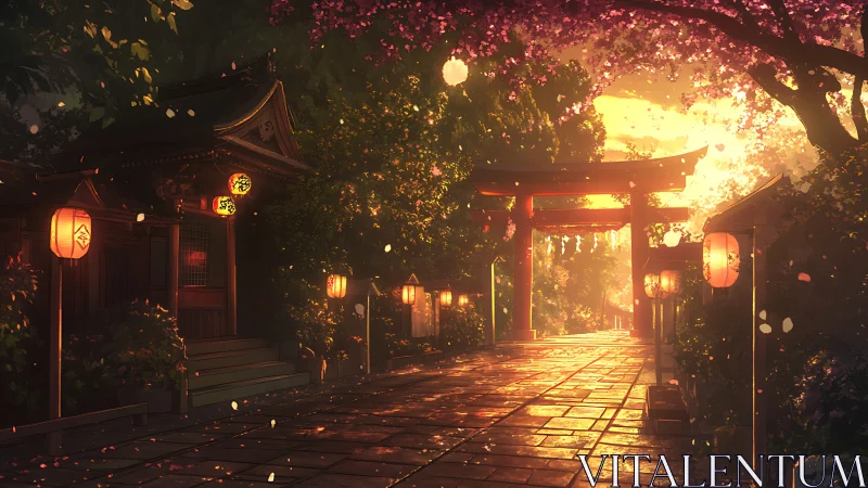 Sunlit shrine path under glowing lanterns at dusk.