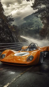 Vintage orange race car storms wet mountain hairpin road