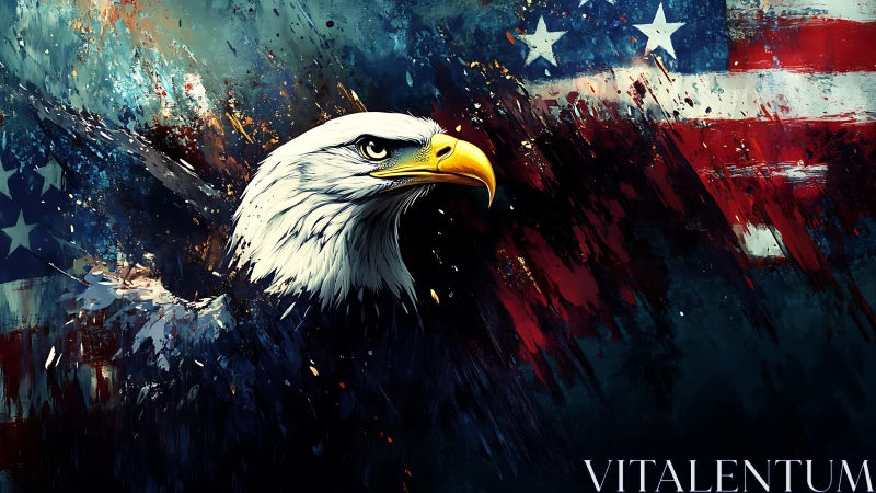 Bold eagle portrait bursting through abstract US flag canvas.