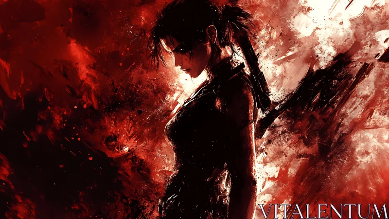 Silhouetted female warrior emerges from chaotic red brush fields