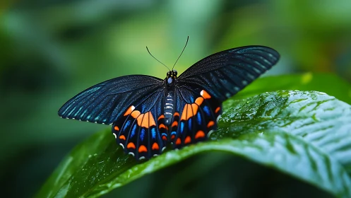 Black and blue butterfly rests on wet green leaf