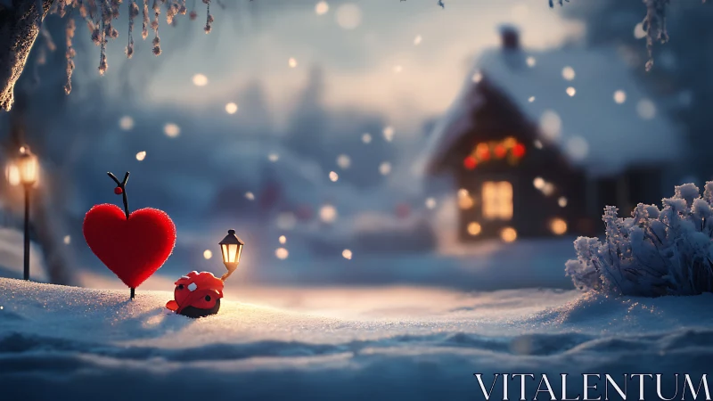 Snowy cottage backdrop with glowing heart ornament foreground.