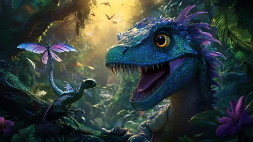 Smiling baby dragon watches glowing winged companion in jungle