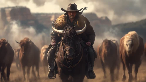 Weathered cowboy guiding horns and herd through dusty plains.
