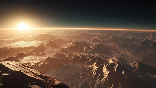 Sunrise illuminates frozen alien mountain horizon in orbit