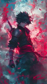 Sword-bearing figure stands in dense red and cyan vapor field