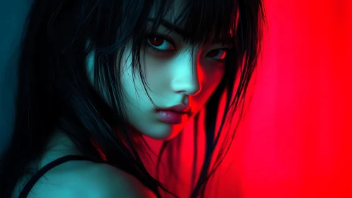 Side portrait of woman in cyan and red contrasting light.