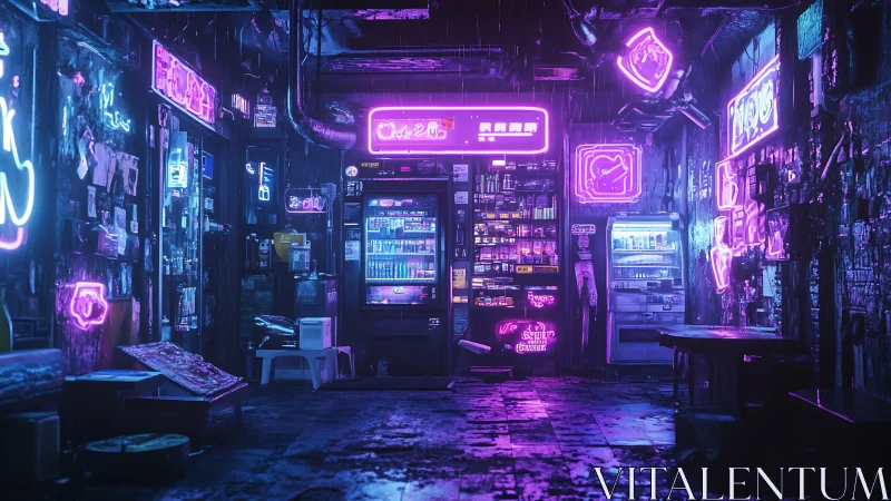 Neon lit alley vending machines in rainy cyberpunk street.