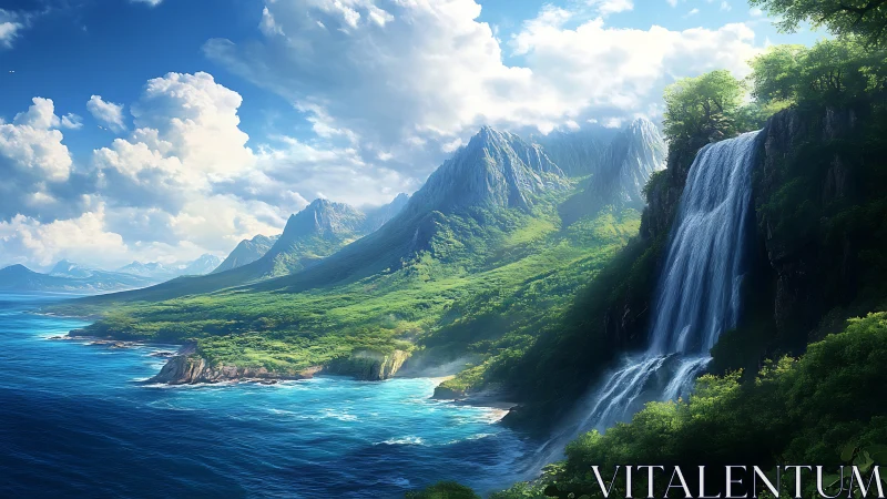 Sunlit tropical cliffs with a bright cascading waterfall.