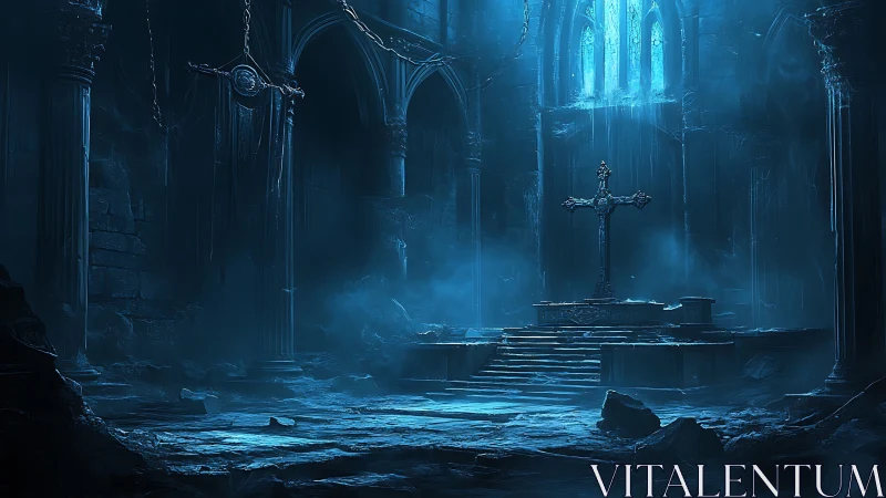 Gothic cathedral ruin with illuminated altar cross in misty blue light