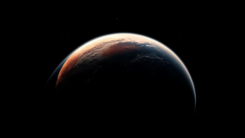 Gentle sunrise over a quiet, rust toned alien world.