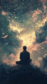 Solitary figure sits beneath dense stellar cloudscape at dusk