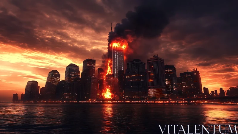Sunset skyline with central skyscraper engulfed in fire.