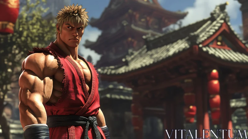 Stoic street fighter framed by calm temple rooftops.