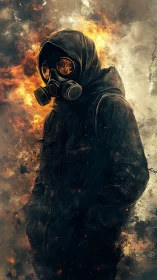 Lone wanderer in a gas mask walks calmly through the flames