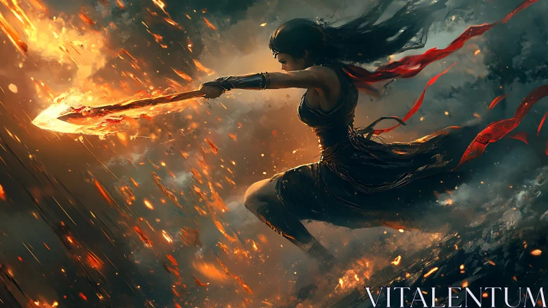 Warrior figure advances with flaming spear amid falling embers